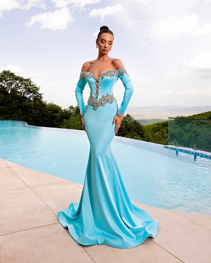 Pretty Long Sleeves Strapless V-Neck Beads Mermaid Prom Dress