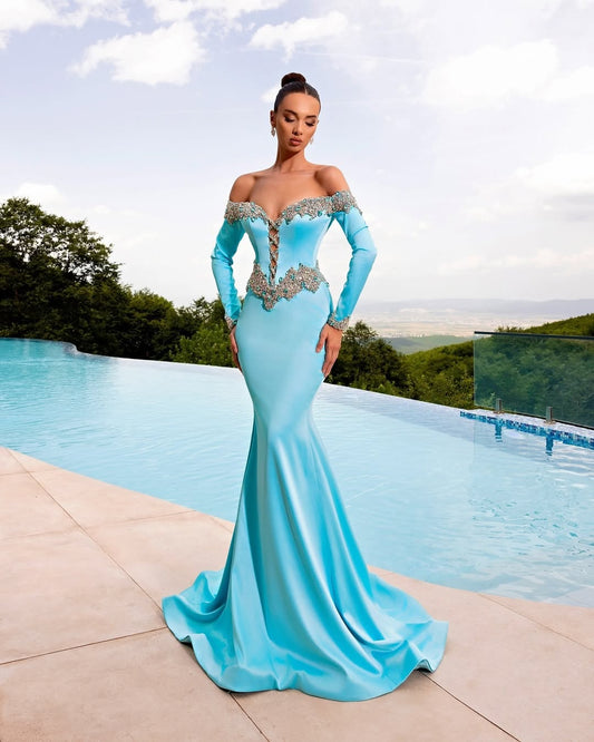 Pretty Long Sleeves Strapless V-Neck Beads Mermaid Prom Dress