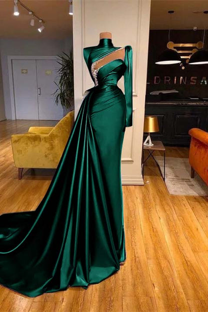 High Neck Long Sleeves Mermaid Prom Dress Beadings With Ruffles