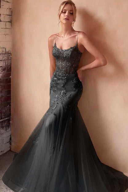 Baby Blue Sleeveless Spaghetti Strap Embroidery Mermaid Prom Dress