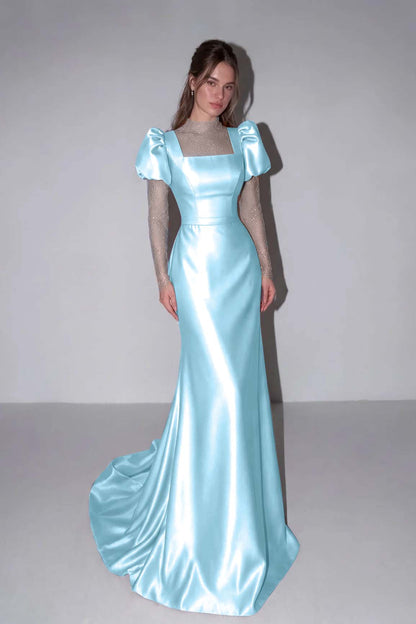 Lilac High Neck Mermaid Prom Dress Long Sleeves in Satin with Lace
