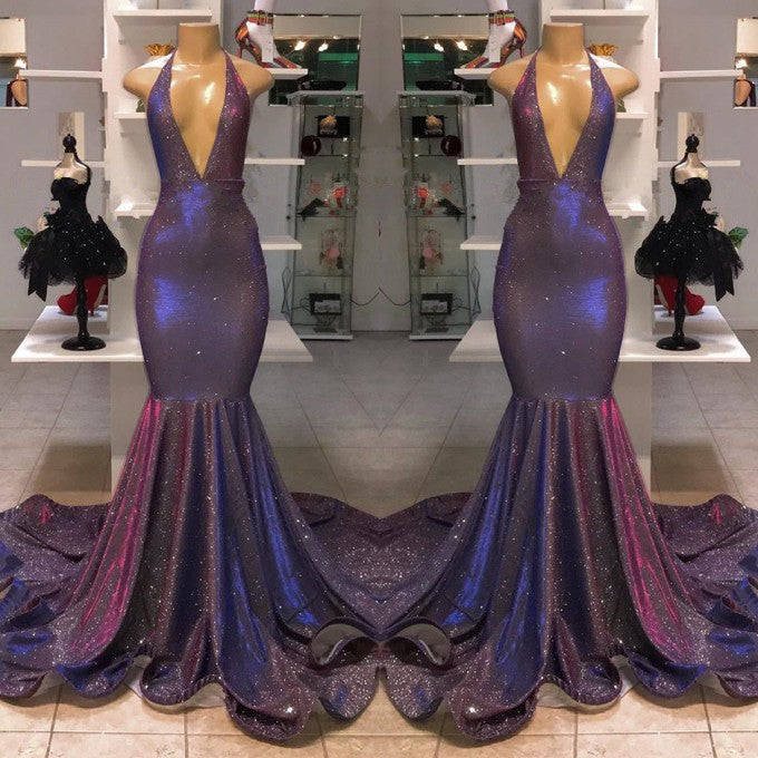 V-Neck Mermaid Evening Dress Halter With Sequins