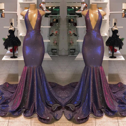 V-Neck Mermaid Evening Dress Halter With Sequins