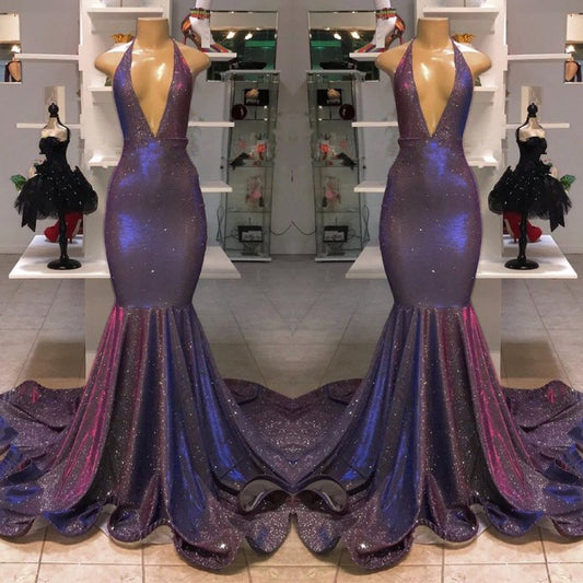 V-Neck Mermaid Evening Dress Halter With Sequins