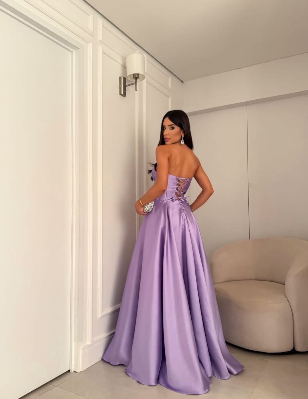Lilac Sleeveless Strapless A-Line V-Neck Pleated Prom Dress