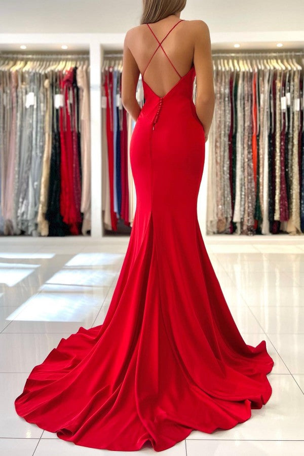 Red Spaghetti Strap Long Mermaid Evening Dress