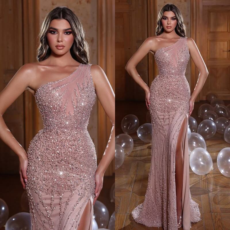 Pink  Pearl Sequins Mermaid Evening Dress With Beads Split One Shoulder