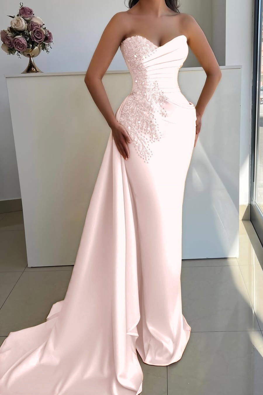 Sleeveless Strapless V Neck Mermaid Beaded Prom Dress With Tail