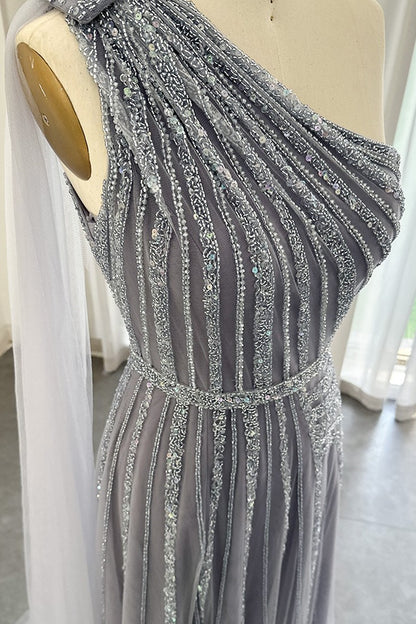 Stunning Gray One Shoulder A Line Prom Dress Appliques With Ruffles
