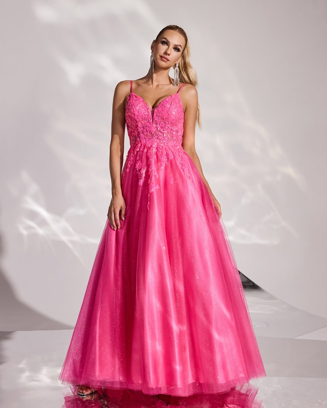 Fuchsia Sleeveless Spaghetti Straps V-Neck A-Line Embroidery Prom Dress