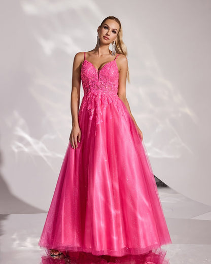 Fuchsia Sleeveless Spaghetti Straps V-Neck A-Line Embroidery Prom Dress