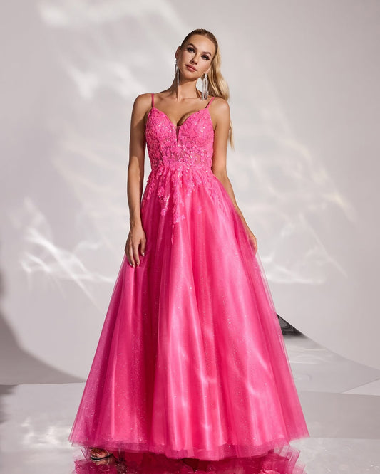 Fuchsia Sleeveless Spaghetti Straps V-Neck A-Line Embroidery Prom Dress