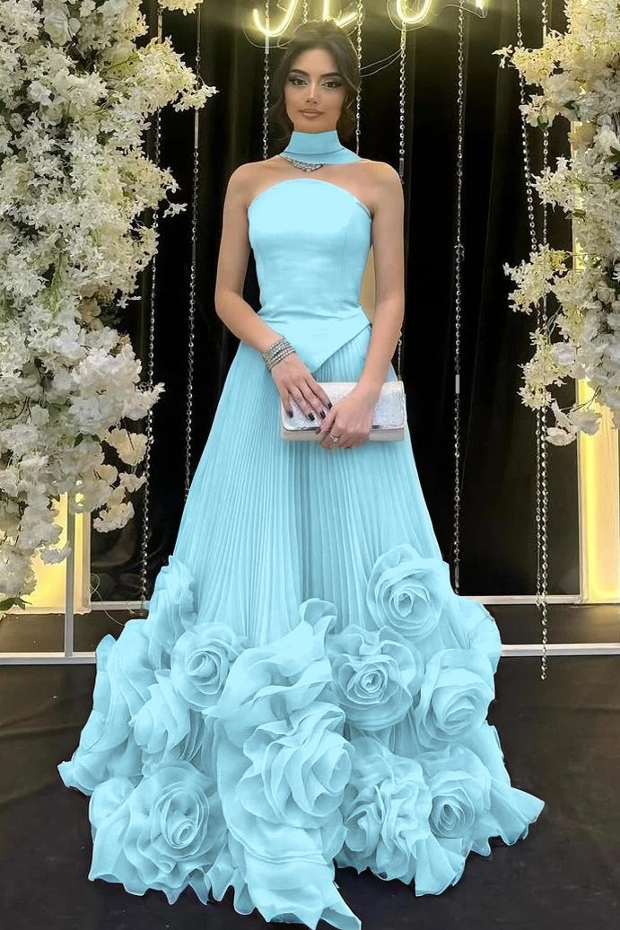 Strapless Sleeveless Long Ruffle Evening Dress With Flower Pleated