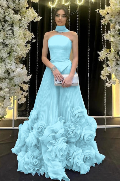 Strapless Sleeveless Long Ruffle Evening Dress With Flower Pleated