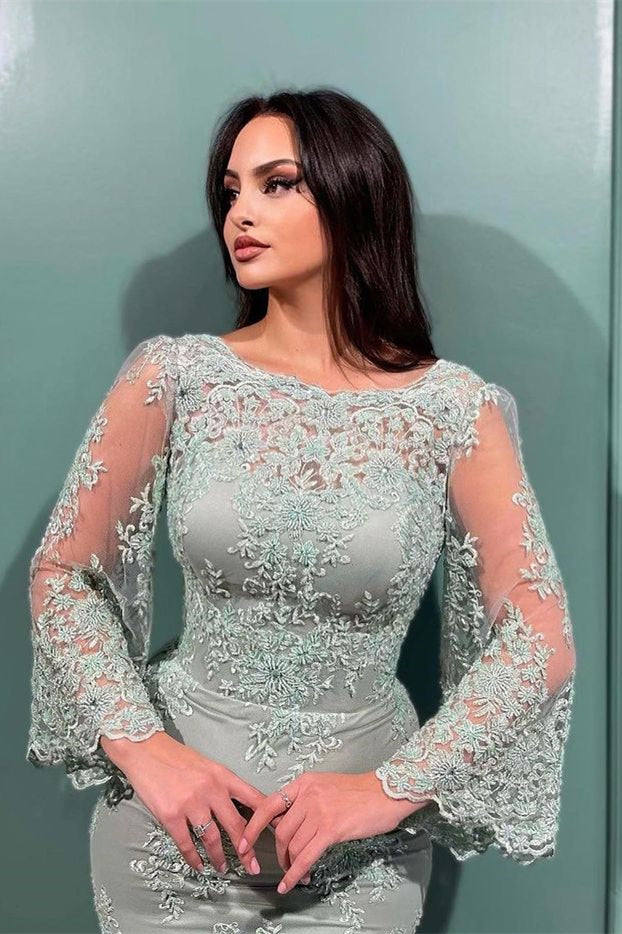 Long Sleeves Mermaid Evening Dress With Lace Appliques Bateau