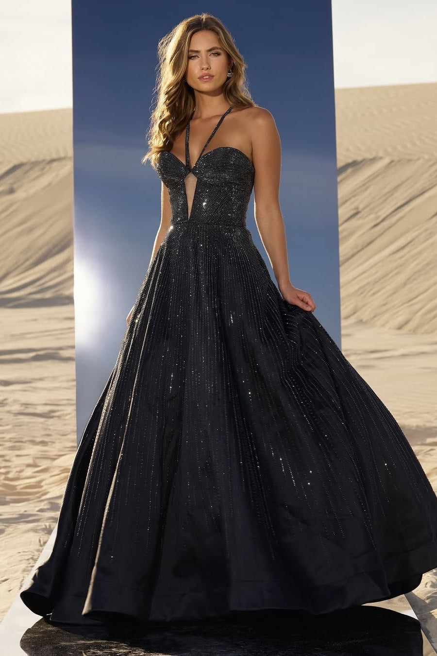 Black Sleeveless Halter Straps Beads A-Line Prom Dress With Keyhole