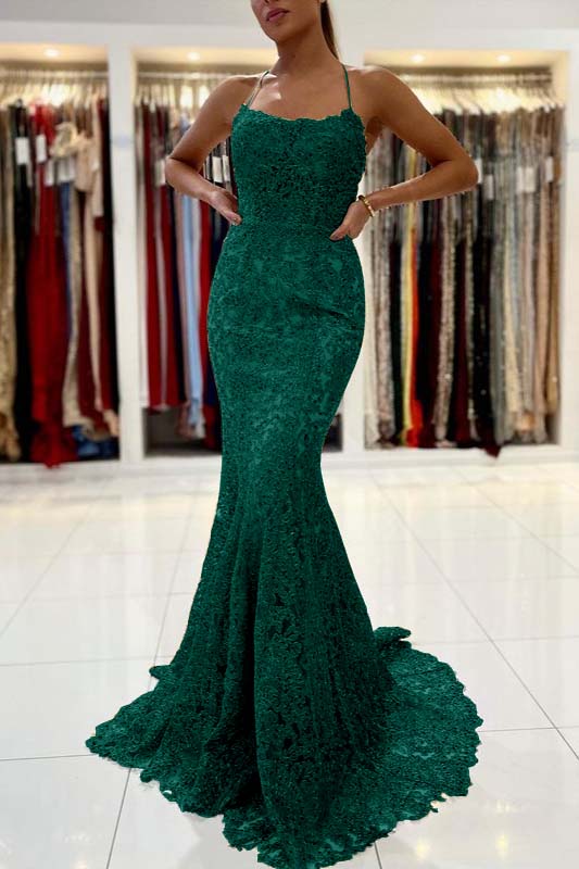 Gold Appliques Long Halter Straps Mermaid Evening Dress