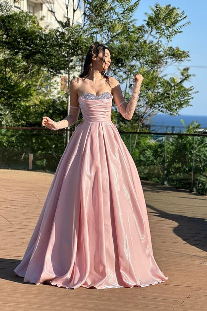 Stunning Pink Strapless Sleeveless Pleated Beadings Prom Dress with Gloves