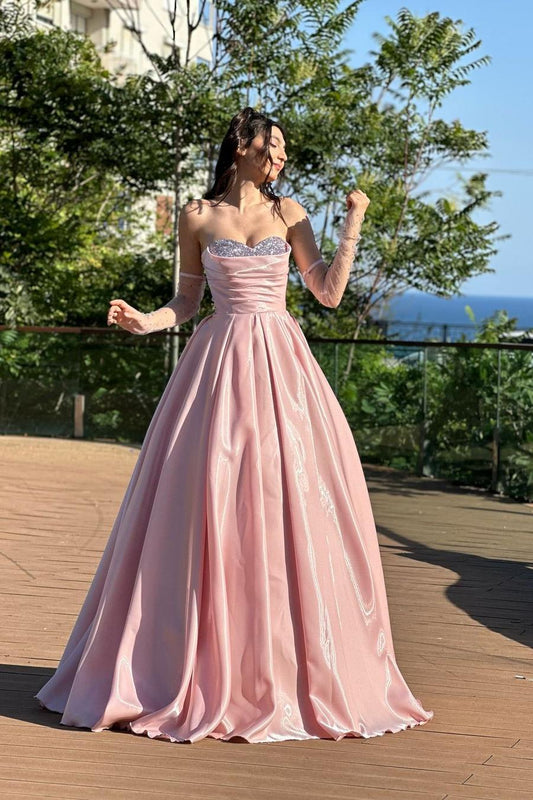 Stunning Pink Strapless Sleeveless Pleated Beadings Prom Dress with Gloves