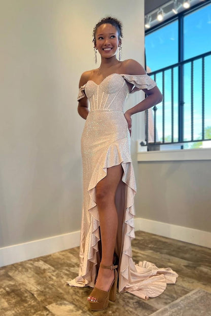Glamorous Blushing Pink Sequins Off the Shoulder Ruffles Prom Dress with Split