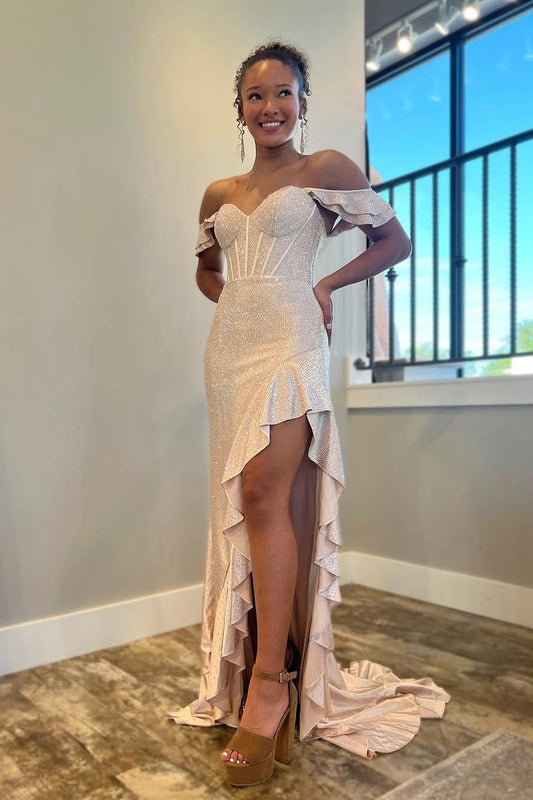 Glamorous Blushing Pink Sequins Off the Shoulder Ruffles Prom Dress with Split