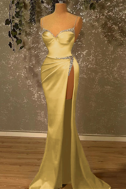 Spaghetti-Straps Beadings Burgundy Mermaid Prom Dress With Slit