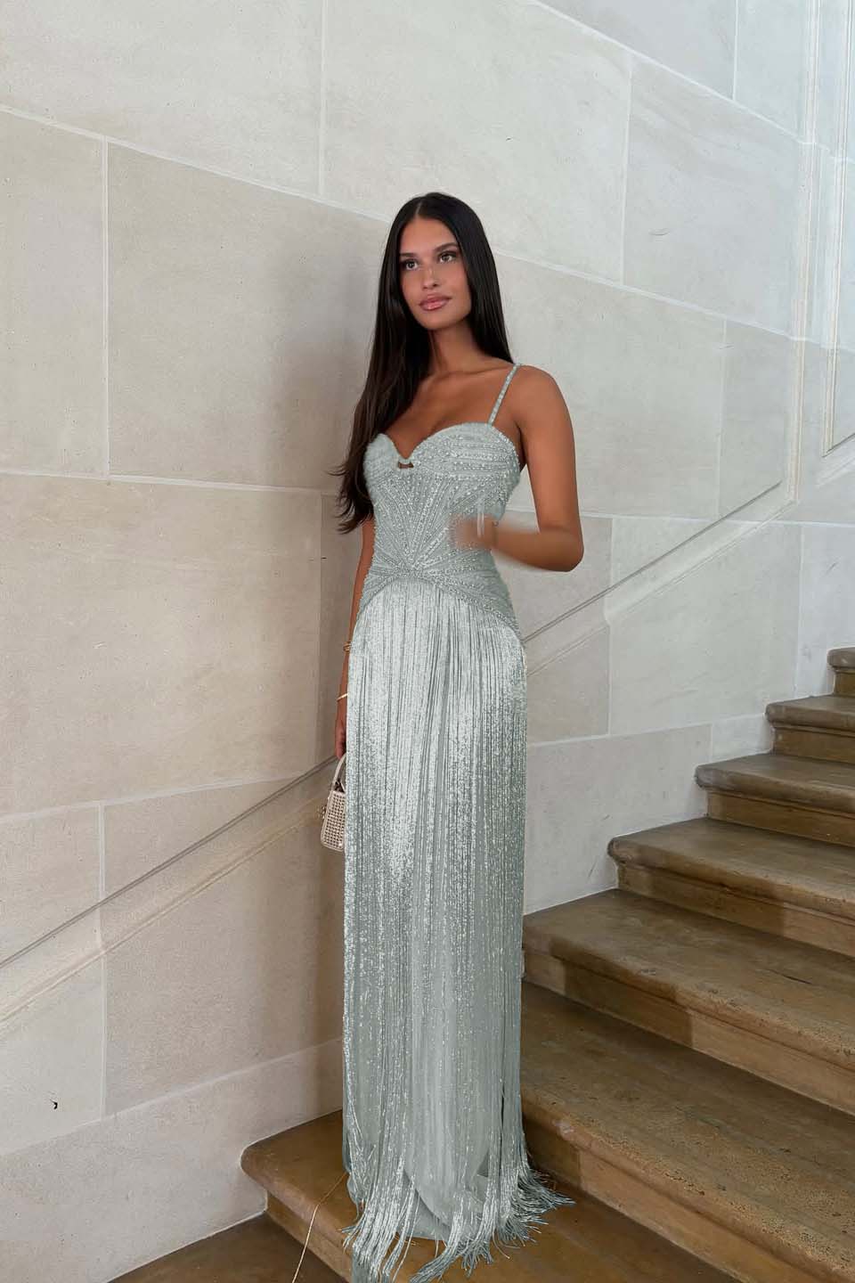 Elegant Sequin Fringe Long Sleeveless Prom Dress with Spaghetti Straps