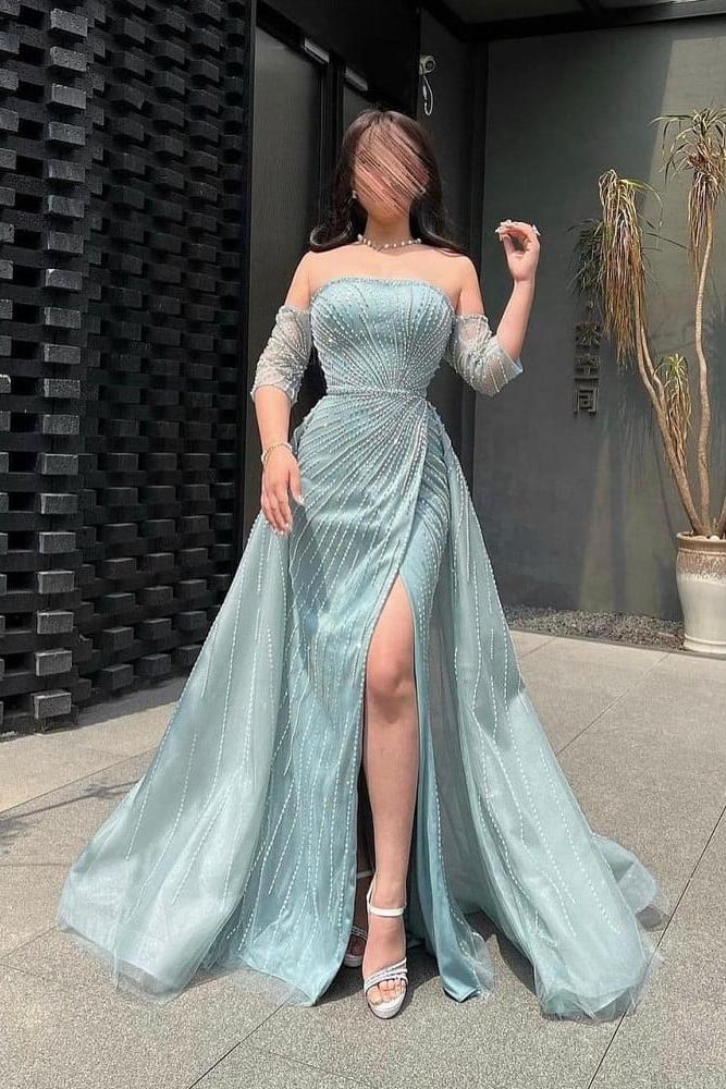 Stunning Blue Tulle Strapless Beaded Middle Sleeves Prom Dress with Split
