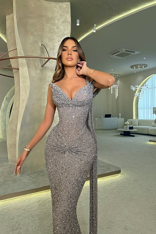 One Shoulder V-Neck Long Mermaid Prom Dress Sleeveless with Sequins