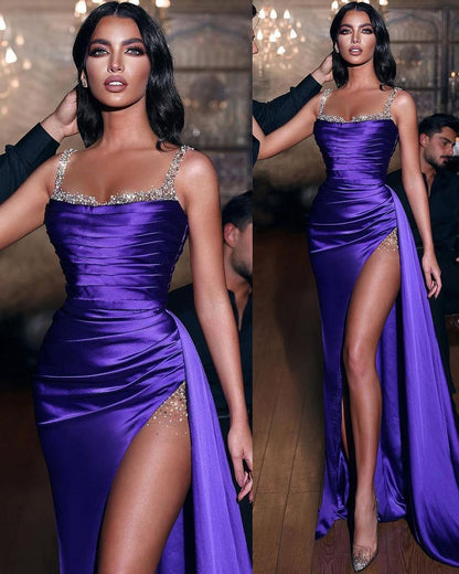 Purple Sleeveless Spaghetti Strap Beads Mermaid Prom Dress