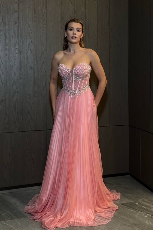Gorgeous Pink Sweetheart Sleeveless Sequins Beaded Pleated Prom Dress