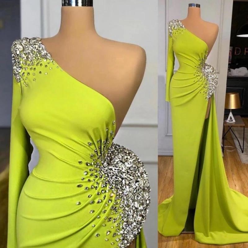Mermaid Yellow Green Long Sleeves Prom Dress Split With Beads