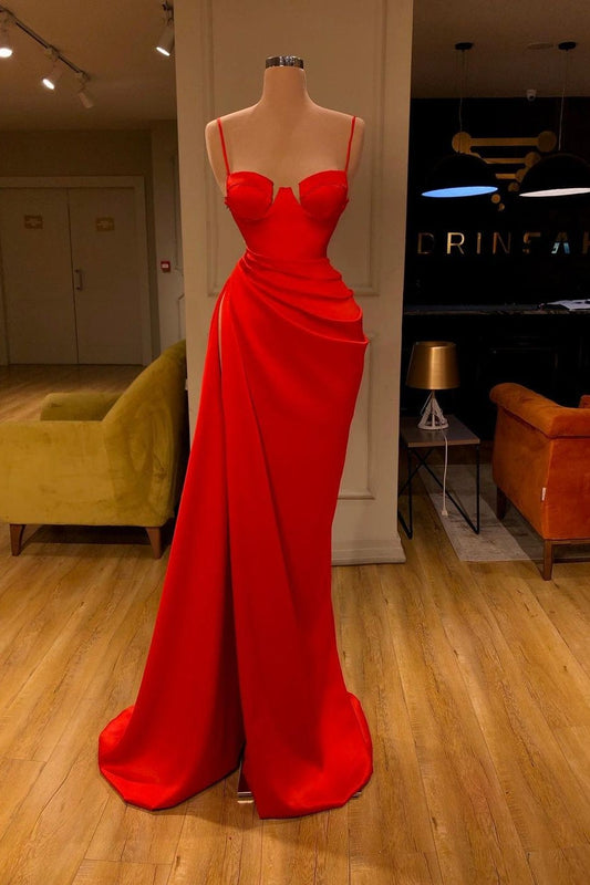 Mermaid Red Spaghetti-Straps Prom Dress With Slit