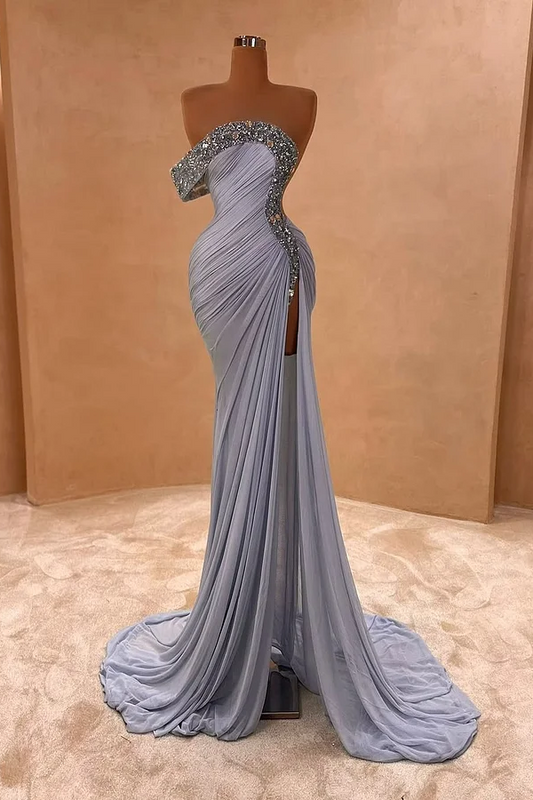 Light Purple Sleeveless Strapless Mermaid Beads Prom Dress