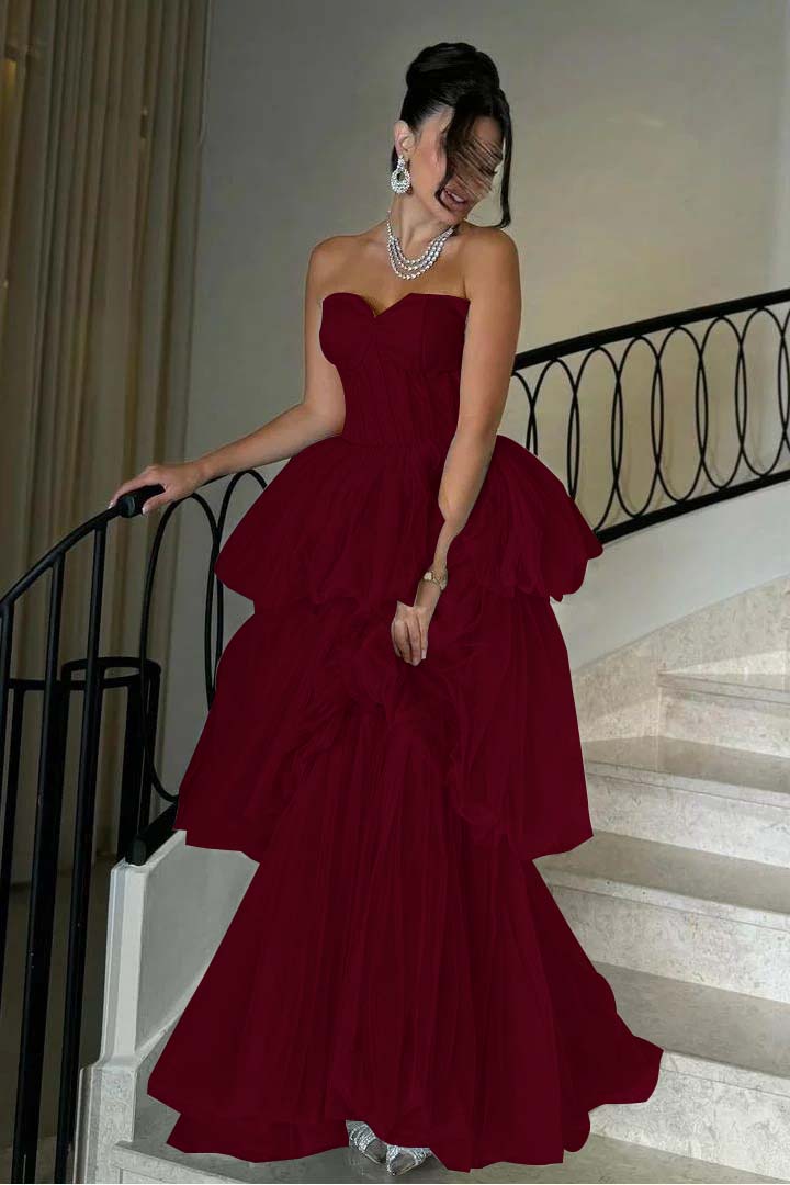 Sleeveless Sweetheart Strapless A Line Long Prom Dress With Tulle