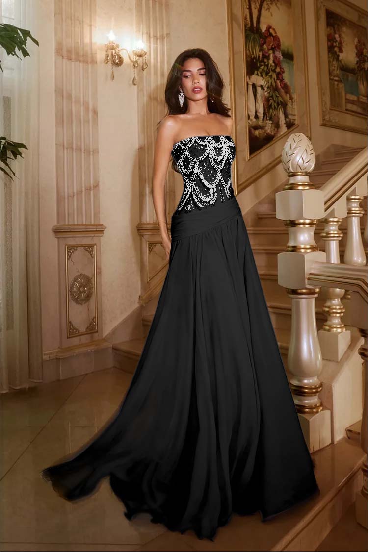 Exquisite DarkNavy Chiffon Sleeveless Strapless Evening Dress with Sequins