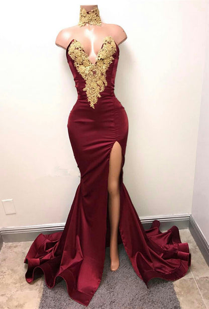 Mermaid Burgundy V-Neck Prom Dress Split With Lace Appliques