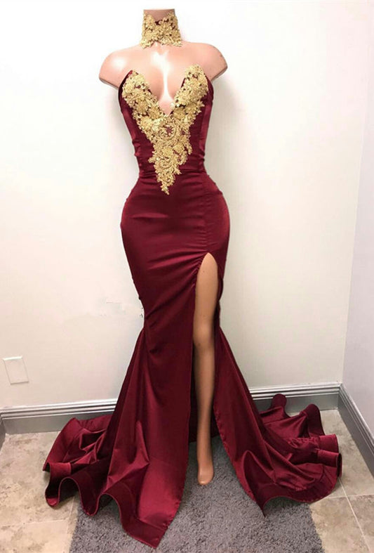 Mermaid Burgundy V-Neck Prom Dress Split With Lace Appliques