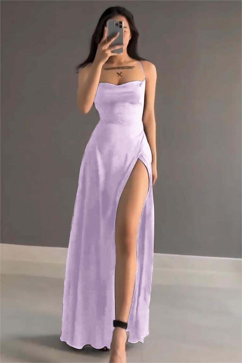 Simple Black Satin Spaghetti Strap Sleeveless Long Prom Dress with Split