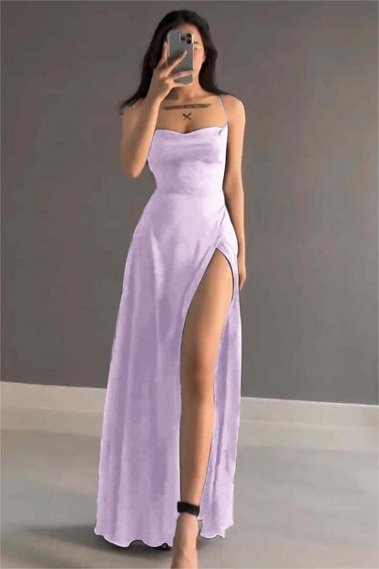 Simple Black Satin Spaghetti Strap Sleeveless Long Prom Dress with Split