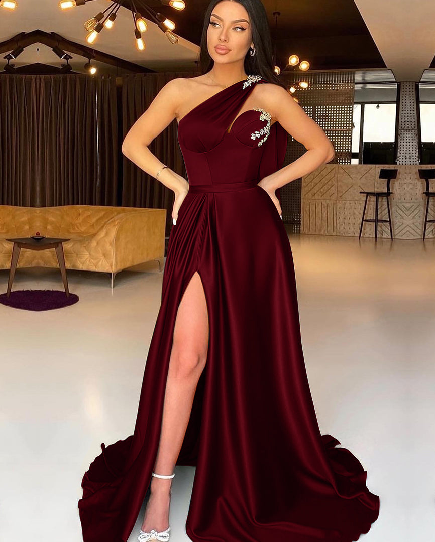 One-Shoulder Dark Green Beadings Slit Evening Dress Mermaid