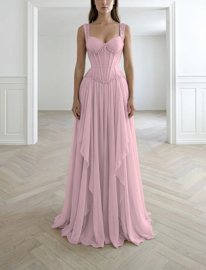 Graceful Sleeveless Wide Straps Beaded Ruffles Long Evening Dress