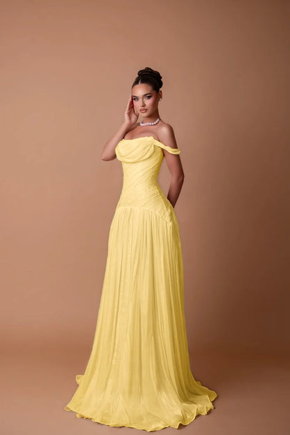 Charming White Off-the-Shoulder A-Line Evening Dress in Chiffon Pleated