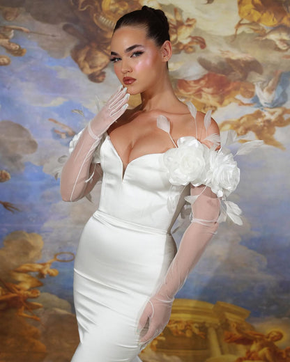 White Off-Shoulders Handmade Flower Mermaid Prom Dress With Plume Long Gloves