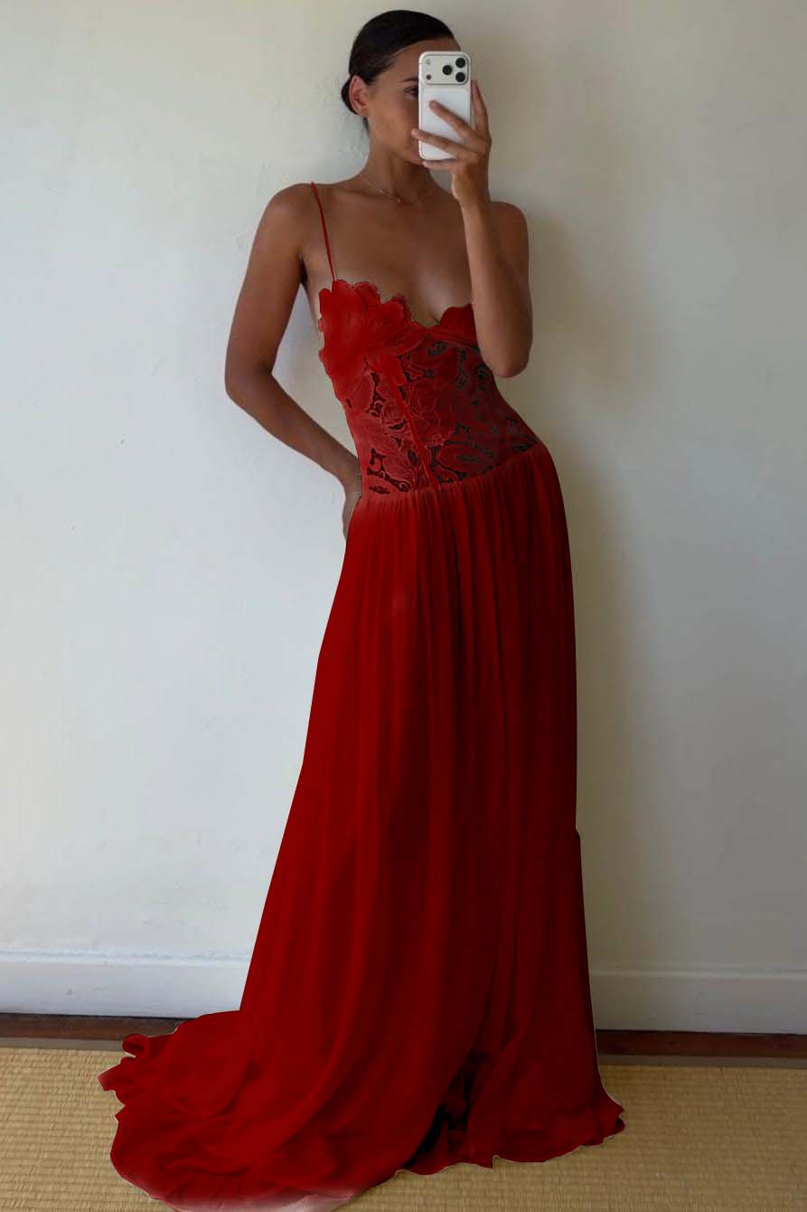 Lace And Chiffon V-Neck Spaghetti Straps Long A-Line Evening Dress With Pleated