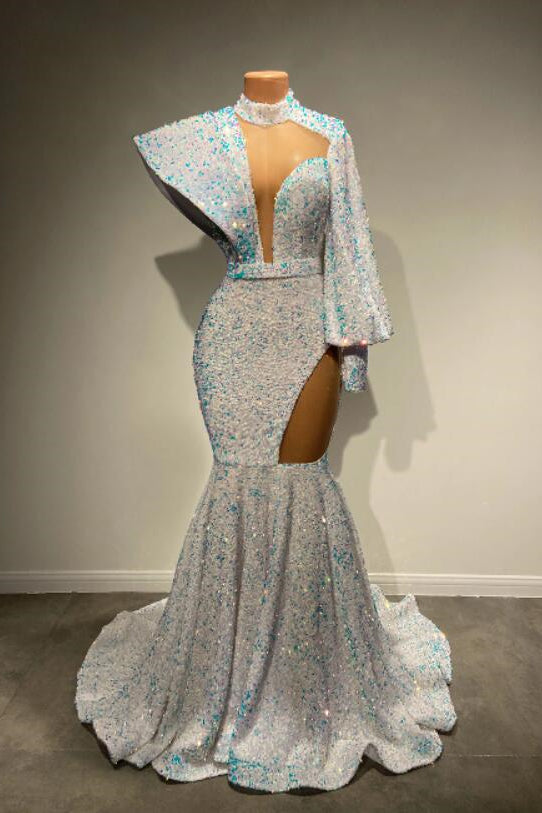 Long Sleeves High Neck Mermaid Prom Dress With Sequins
