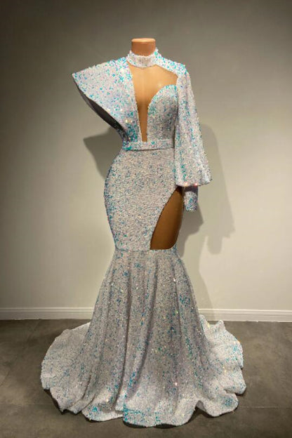 Long Sleeves High Neck Mermaid Prom Dress With Sequins