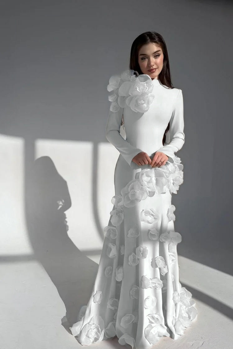 Elegant Long Sleeves Long Evening Dress With Handmade Flower