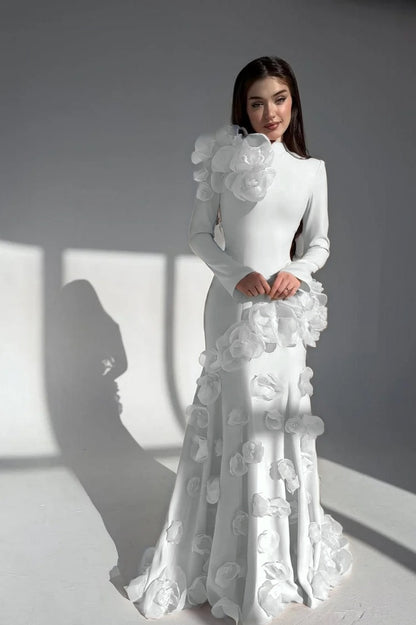 Elegant Long Sleeves Long Evening Dress With Handmade Flower