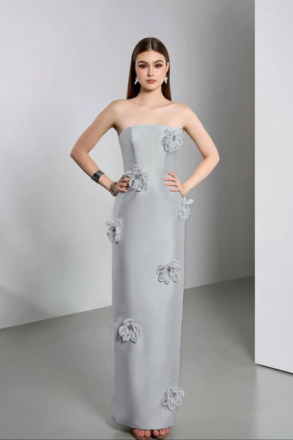Elegant Ivory Strapless Evening Dress Column Floor Length in Satin with Flower